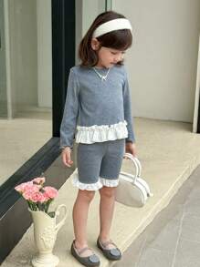 SHEIN 2pcs/Set Young Girls Casual Ruffle Hem Long Sleeve Top And Ruffle Hem Shorts Set - Multicolor - View 2