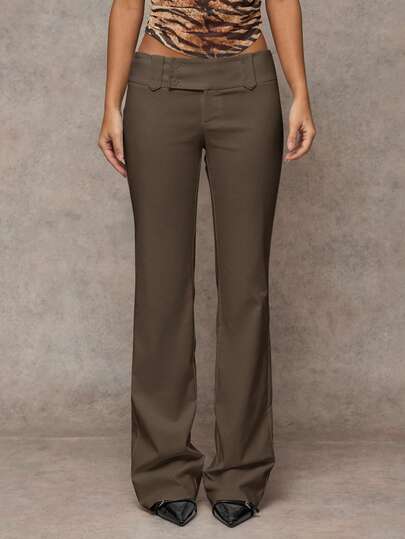 SHEIN BAE Women Plain Casual Fashionable Outing Versatile Casual Old Money Style Pocket Wide Waistband Minimal Commute Office Low Waist Loose Flare-Leg Long Pants, Winter Women Pants, Fall Women , Work Wear, Vintage Style, Autumn And Winter Pants, Low-Waisted Pants, Wool Pants, Formal Pants, Casual Pants,Fall Clothes For Women,Chic Pants For Women