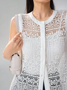TrendSteals Women's Elegant Summer Sleeveless Button-Down Long Top, Hollow Design - White - View 1