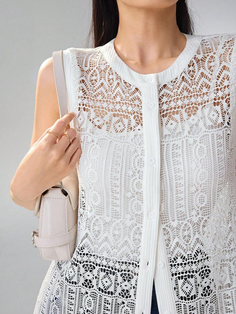 TrendSteals Women's Elegant Summer Sleeveless Button-Down Long Top, Hollow Design - White - View 1