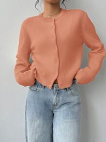 SHEIN BASICS Casual Solid Color Round Neck Long Sleeve Loose Cropped Women Knitted Cardigan,Tops For School In Fall/Winter - Orange - View 4