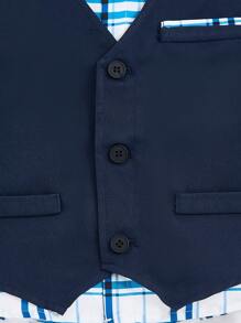 5 件套年轻男孩优雅绅士纯色和格子衬衫、背心、蝴蝶结、吊带、裤子 5 件套适合居家、户外、运动、学校、派对、晚会、度假、校园穿着