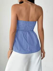 INAWLY Women's Casual Woven Striped Front Ruched Hem Button Down Regular Fit Blouse, Summer - Blue - View 2