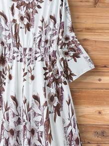 Linhara Crew Neck Knit Ditsy Floral Ruffle Hem Dress, French Elegant Vacation Elastic Waist, Fashion Ditsy Floral Dress