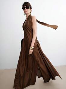SHEIN Stylify 女士轻盈优雅简约高端休闲/度假/办公室舒适宽松纯色半透明双层面料长裙，侧开衩，口袋，交叉领带，春夏 - 棕色 - 查看 1