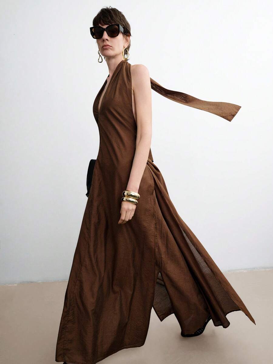 SHEIN Stylify 女士轻盈优雅简约高端休闲/度假/办公室舒适宽松纯色半透明双层面料长裙，侧开衩，口袋，交叉领带，春夏 - 棕色 - 查看 1