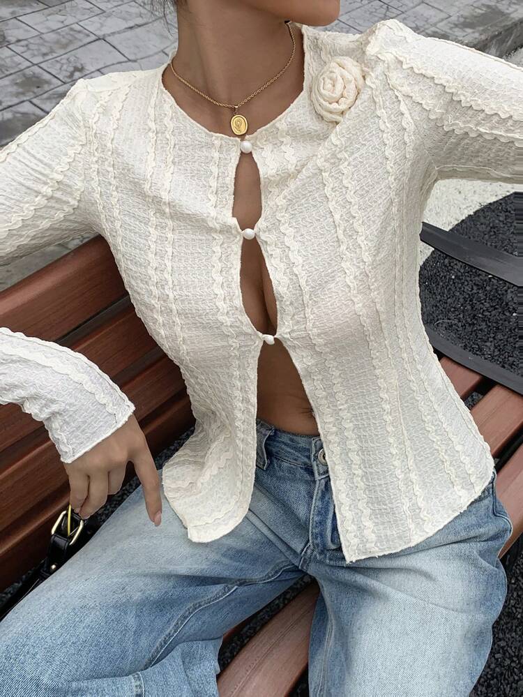 Women's Summer Round Neck Waisted Long Sleeve Knit Top With 3D Flower Decor