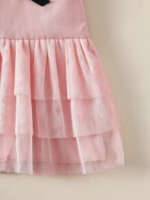 SHEIN Baby Girls' Sweet Princess Style Color-Block Edge Multi-Layer Tulle Apricot Sleeveless Dress, With Black Bow Accent, Suitable For Everyday Wear, All Season - Pink - View 8