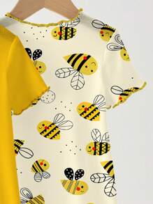 Young Girls Casual Minimalist Letter & Bee Graphic Loungewear Sets, Suitable For Summer - Multicolor - View 4