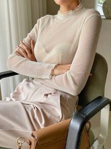 DAZY Lettuce Trim Mock Neck Mesh Top Without Bra Sheer Long Sleeve Women Tops,Fall Women Clothes - Beige - View 8