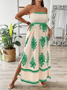 SHEIN Clasi Gedrucktes Trägerloses Jumpsuit in großen Größen mit Oberschenkel hohen Schlitzen - Verschiedenfarbig - Übersicht 4