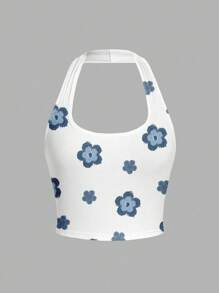 SHEIN EZwear Women's Casual Minimalist Faux Denim Textured Floral Pattern Slim Fit Halter Neck Tank Top, Suitable For Summer Beach Vacation Outfits Suitable For Going Out