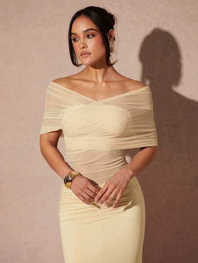Silquee Women's Elegant Apricot-Color Sheer Mesh Fitted Dress, Spring & Summer Dress,Women's Birthday Outfit, Holiday Outfit, Goddess Dress, Cream Dress, Elegant Dress, Light Yellow Dress Women, Off Shoulder Formal Dress, Off The Shoulder Maxi Dress, Pale Yellow Dress,Homecoming Outfit,Butter Yellow Dress,Semi-Sheer Dress