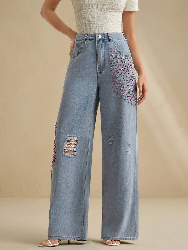 Fashionable Niche Women's Jeans Diamond Accessory Straight-Leg Pants