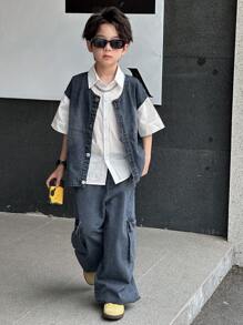 Dazy Kids Tween Boy Casual Washed Denim Top And Pants Set - Grey - View 3