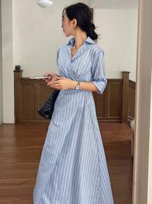 DAZY Damen Sommer Lässig/Berufskleidung langes Wickelkleid mit Streifenmuster und Knöpfen vorne