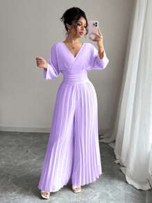 Rafferiza 女式纯色V领喇叭腿连体裤，七分袖 - 淡紫色 - 查看 4