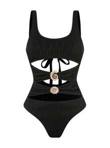 Swim Chiccia Traje de baño de una pieza de unicolor, sexy y casual para vacaciones y fiestas para mujeres - Negro - Ver 6