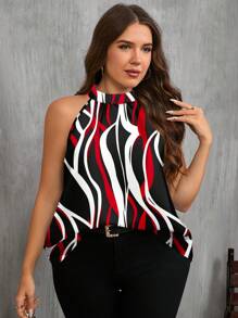 EMERY ROSE Kemeja Kasual Ukuran Besar Motif Garis Hitam, Merah & Putih, Cocok untuk Musim Panas, Cocok untuk Bepergian, Blus Chic untuk Wanita - MultiWarna - View 5