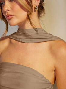 COSMINA Women's Solid Color Splicing Ruffle Trim Elegant Dress - Brown - View 7