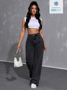 SHEIN Tall Pantalones vaqueros de talle alto, sólidos, sueltos, de moda informal y con pierna ancha para mujeres - Negro - Ver 3