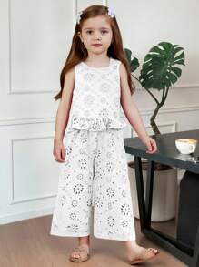 SHEIN 2 Pieces Set Young Girl Woven Solid Color Crew Neck Fitted Camisole & Loose Fit Wide Leg Pants - White - View 8