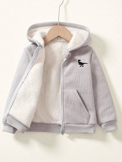 SHEIN Young Boy Dinosaur Embroidery Zip Up Thermal Lined Hooded Sweatshirt Chic Outfits For Autumn/Winter