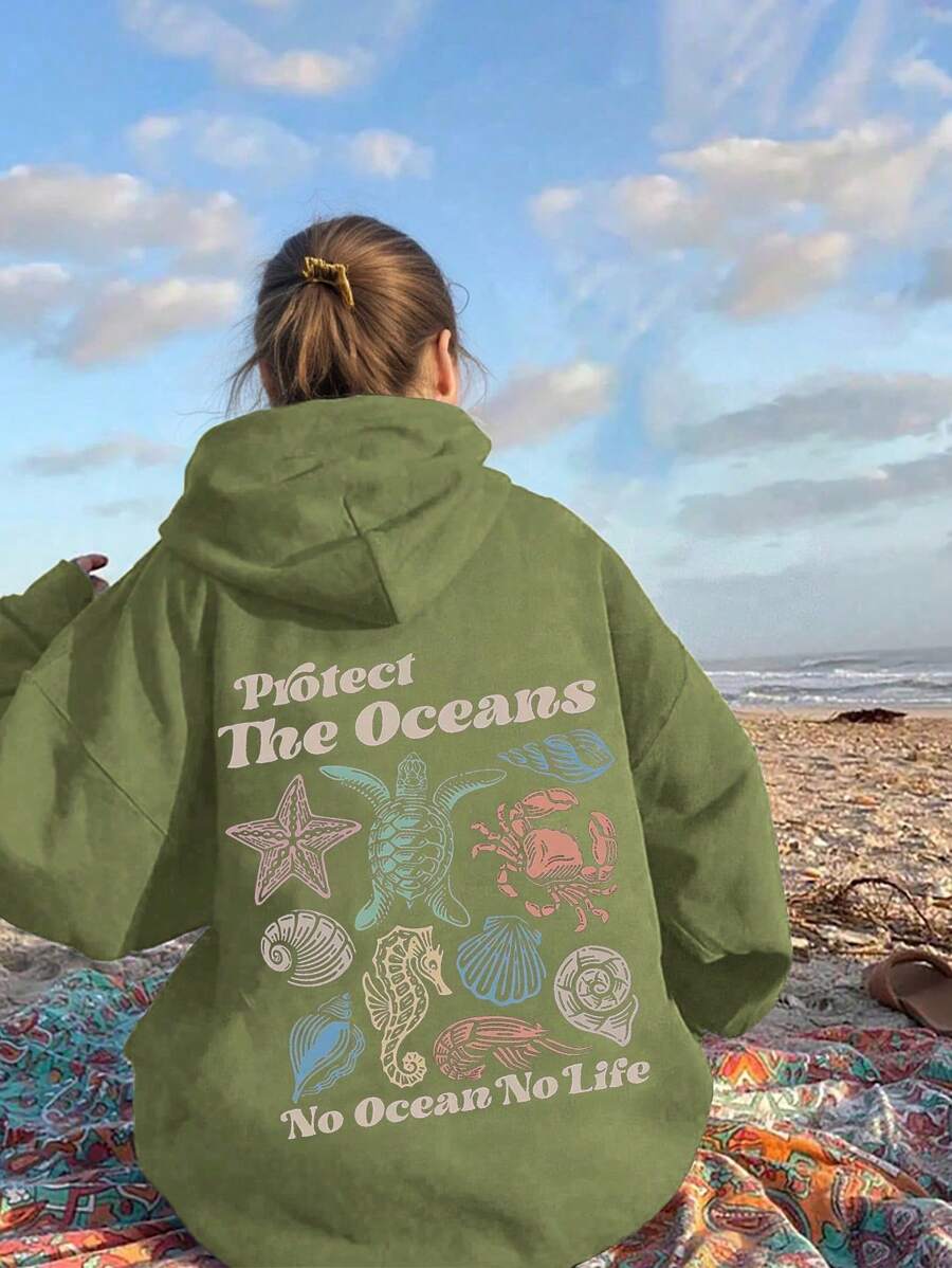 INAWLY 女士标语和海星印花落肩长袖休闲连帽衫