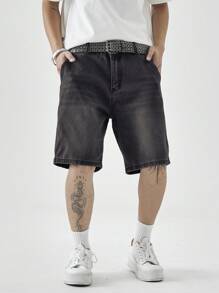 Chillumni 男士休闲街头风格口袋5膝盖长度牛仔短裤男士牛仔短裤 - 黑色 - 查看 3