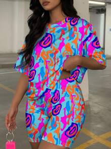 Slaydiva 2 件套大码彩色图案圆领短袖 T 恤和短裤套装，适合夏季 - 彩色 - 查看 1