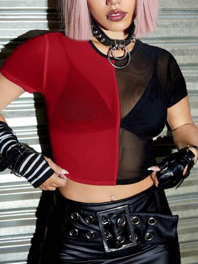 Grunge Punk Women Plus Size Summer Mesh Patchwork Crew Neck Short Sleeve Tight Crop Top