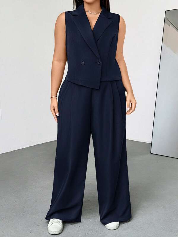 SHEIN Essnce Ensemble deux pièces pour femmes grandes tailles, mode printemps été, décontracté confortable, top basic noir slim et pantalon jambes nues. Style minimaliste, style vieux argent, tenue de bureau, ensemble pantalon, décontracté chic, tailleur cintré, été européen, ensemble blazer