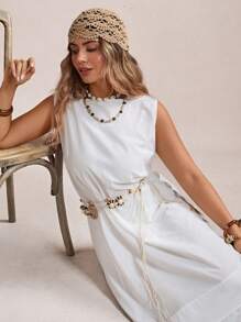 Freevana Plus Size Solid Color Sleeveless Round Neck Midi Dress,Beach Dress Sundress,Holiday Outfits Boho