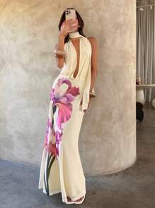 Aloruh Robe longue élégante et sexy à col V profond et dos nu avec imprimé floral, robe de thé pour femmes, robes d'été pour femmes, tenues de lune de miel pour femmes, tenues de vacances sur l'île, robe de demoiselle d'honneur pour femmes, robes d'été pour femmes, robes élégantes pour fête, robe de vacances pour femmes