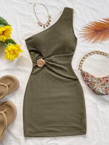 Soleia Women's Summer Vacation Shoulder Cut-Out Seashell Metal Detail Textured Mini Dress, Slim Fit, Suitable For Holiday, Date, Afternoon Tea, Vacation, Music Festival, Boho, Crochet, Linen One Shoulder Dress Olive Dress One Sleeve Dress Summer Dress Bodycon Dress - Army Green - View 3