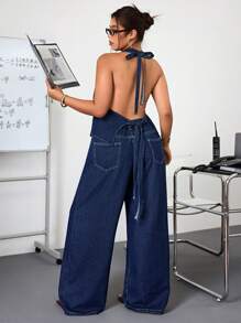 Jeanoix Plus Size Women's Denim Camisole Tank Top Spaghetti Strap Vest - Dark Wash - View 2