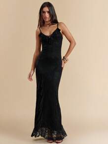 SHEIN BAE 黑色蕾丝荷叶边高开衩礼服，优雅合身，适合音乐节、海滩度假、万圣节服装 - 黑色 - 查看 3