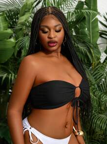 Slaydiva Plus Size Sexy Animal Print Bandeau Bikini Top With Drawstring For Summer Beach Vacation - Black - View 4