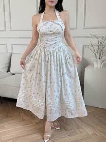 Modelyn Women's Ditsy Floral Pleated Halter Neck Vacation Dress