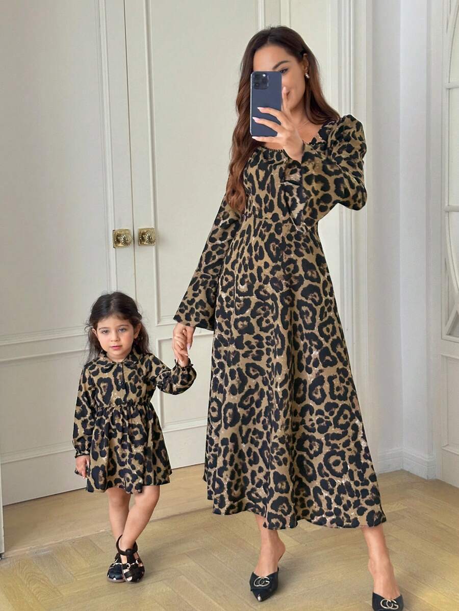 Mommy And Me Matching Outfits(2 Pieces Are Sold Separately)Babygirl Cute Vacation Street Style Leopard Print Long Sleeve Lapel Dress,Skin-Friendly And Soft Fabric To Protect Baby's Skin, Can Be Worn Indoors Or Outdoors, First Choice For Mothers - Multicolor - View 1