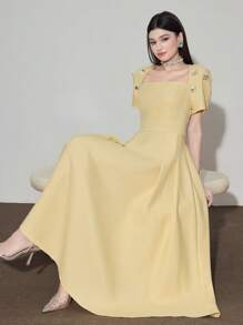 Modelyn 方领收腰手工 3D 花卉 A 字优雅连衣裙，适合派对、聚会和约会 - 黃色 - 查看 7