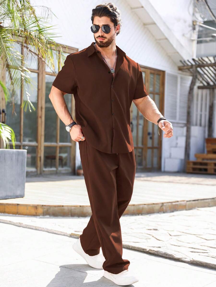 Manfinity Homme 男士加大码休闲短袖衬衫和裤子两件套