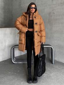 EURMUSE Women's Brown Premium Quality, Faux Leather Detailed Puffer Winter Coat - Brown - View 6