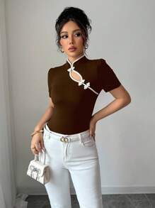 Elenzga Summer Women's Fitted Tencent Style Short Stand Collar T-Shirt