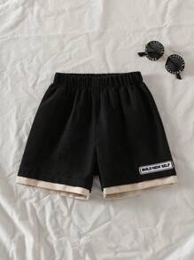 小男孩字母印花松紧腰宽松休闲短裤 - 黑色 - 查看 1
