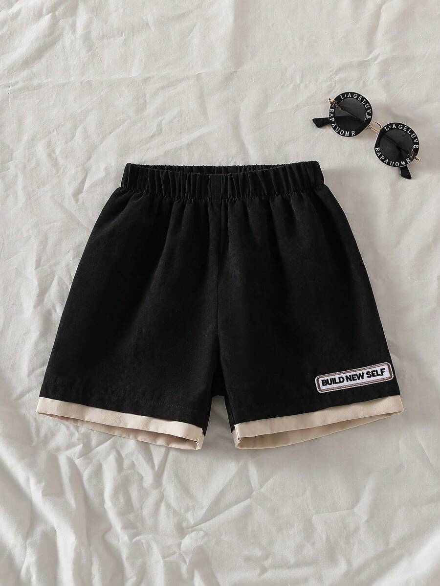 小男孩字母印花松紧腰宽松休闲短裤 - 黑色 - 查看 1