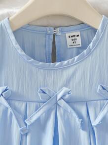 SHEIN Elladie kids 2 件套年轻女孩韩版甜美装，蝴蝶结装饰 A 字形荷叶边连衣裙上衣 + 宽松阔腿短裤，夏季 - 藍色 - 查看 4