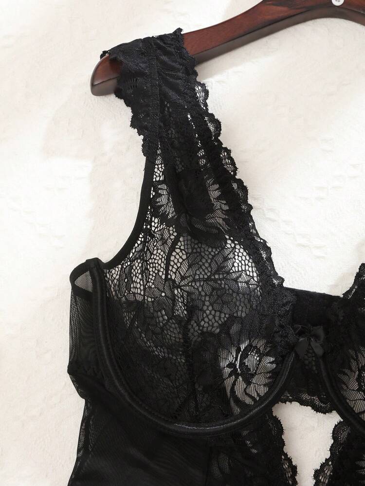 SHEIN Set de 2 piezas Lencería sexy vestido de contraste de encaje y malla talla grande - Negro - Añade 4
