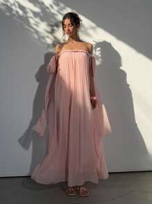 Aloruh Women's Spring & Summer Vacation Bohemian Off Shoulder Flowy Chiffon Pleated Rope Bowknot Sleeveless Loose A-Line Maxi Dress, Pink - Coral Pink - View 4