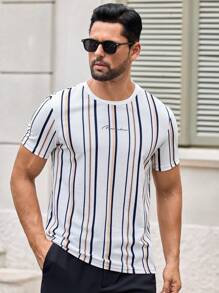 Manfinity VCAY Men Letter Graphic Striped Tee, Summer - White - View 3